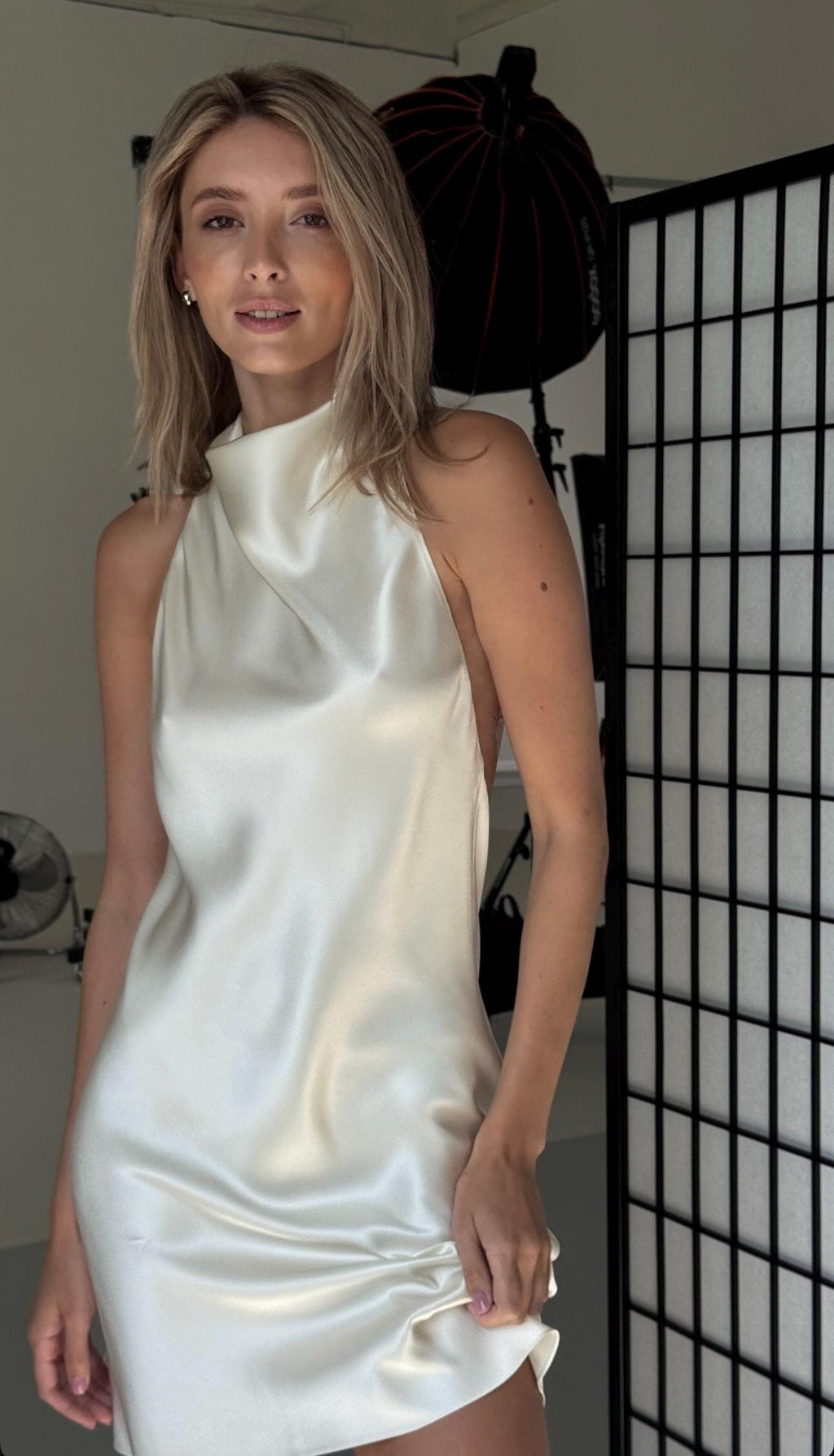 High neck backless silk-satin mini dress Halter short slip cami dress