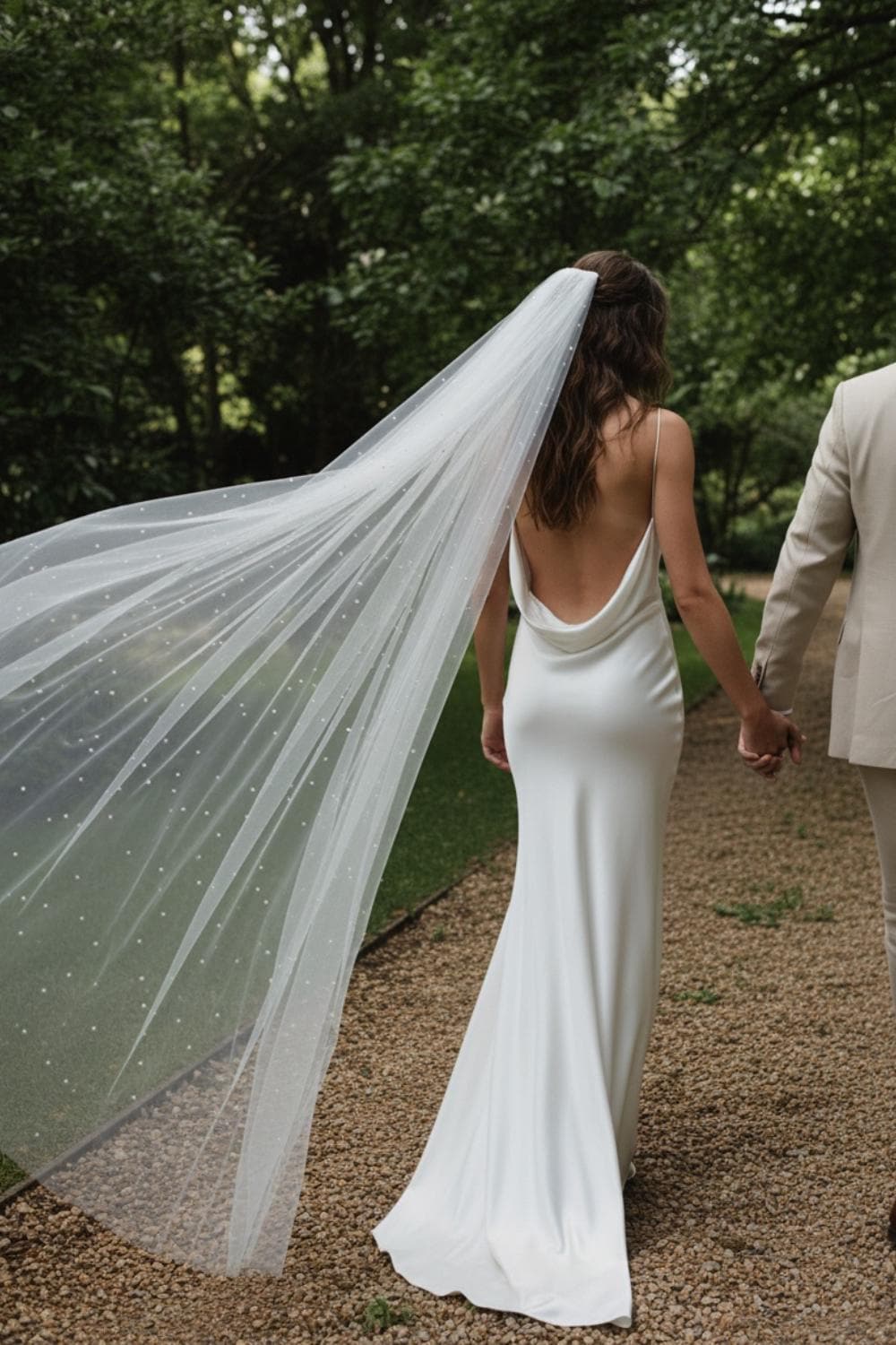 Simple 100% silk wedding dress with cowl neck and open back, with train or without