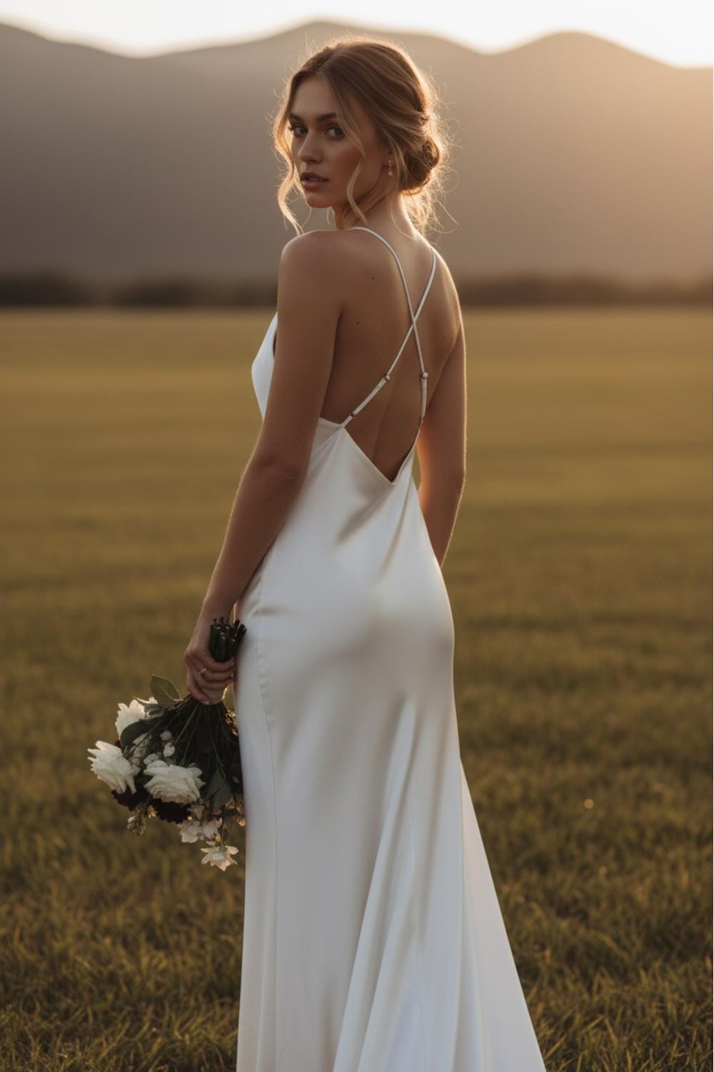 White 100% mulberry silk satin maxi dress Cowl neck simple silk wedding dress Low back minimal sateen fluid liquid bias gown / Fully lined