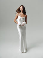 White 100% mulberry silk satin maxi dress Cowl neck simple silk wedding dress Low back minimal sateen fluid liquid bias gown / Fully lined