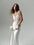 White 100% mulberry silk satin maxi dress Cowl neck simple silk wedding dress Low back minimal sateen fluid liquid bias gown / Fully lined