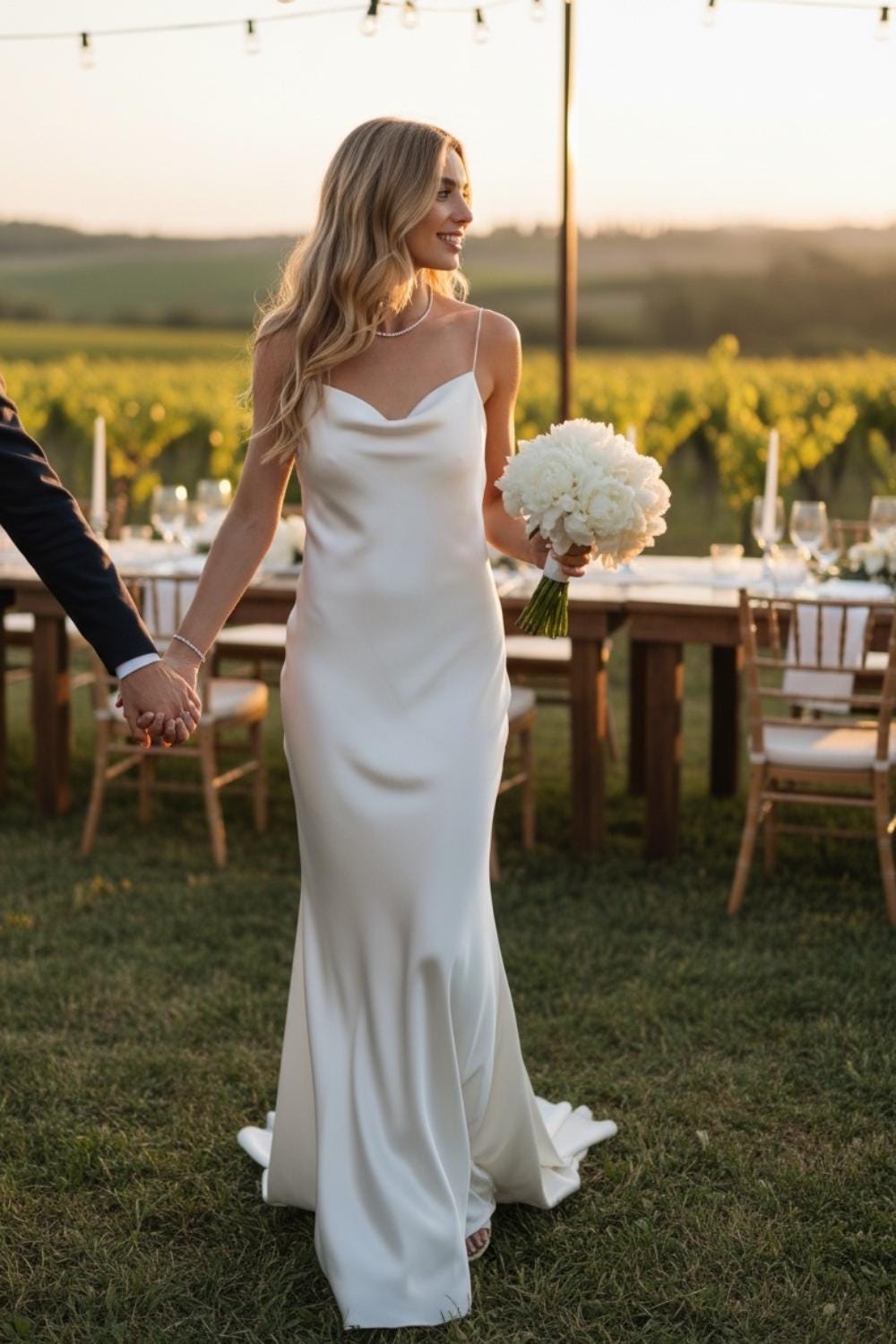 Simple 100% silk wedding dress with cowl neck and open back, with train or without