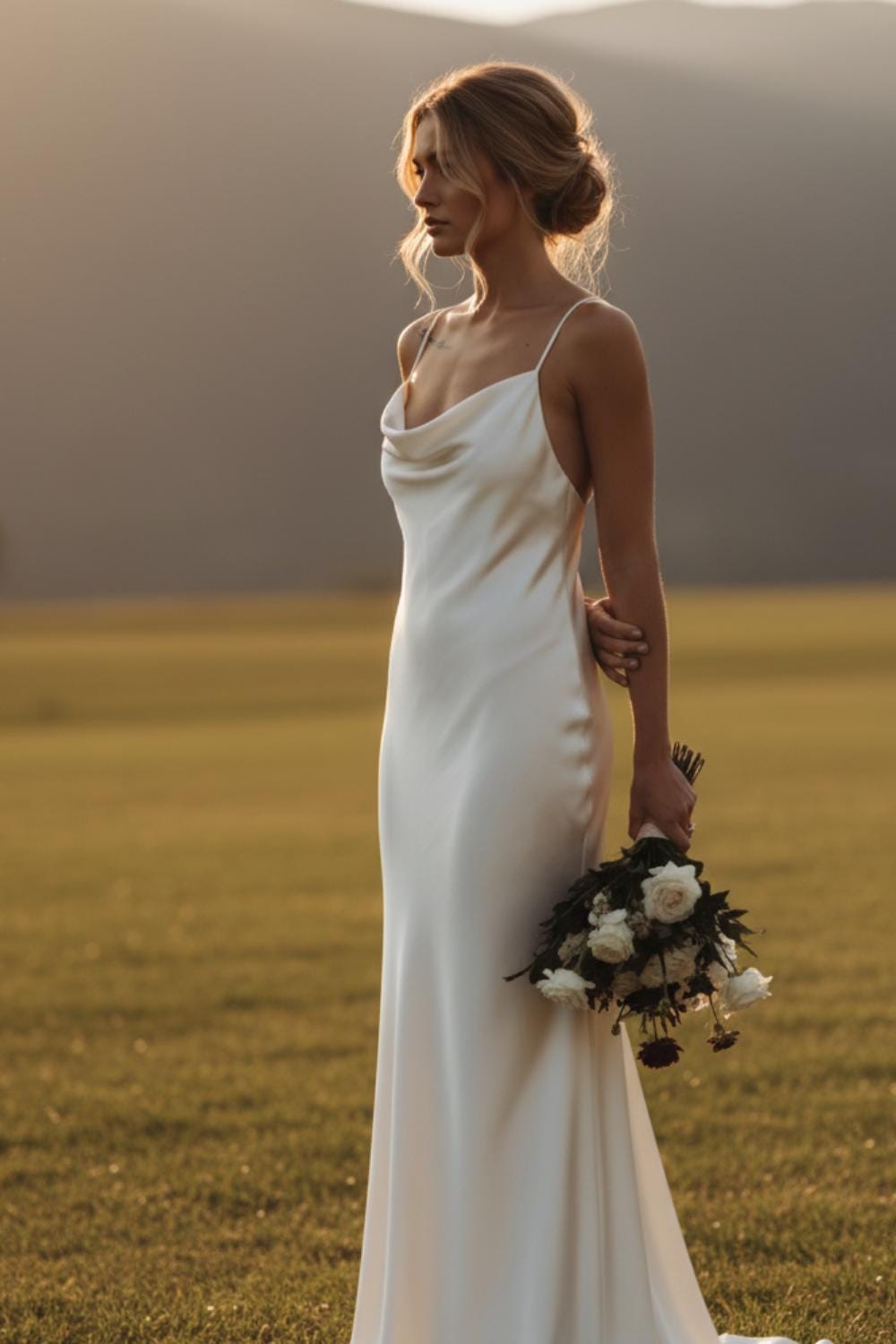 White 100% mulberry silk satin maxi dress Cowl neck simple silk wedding dress Low back minimal sateen fluid liquid bias gown / Fully lined