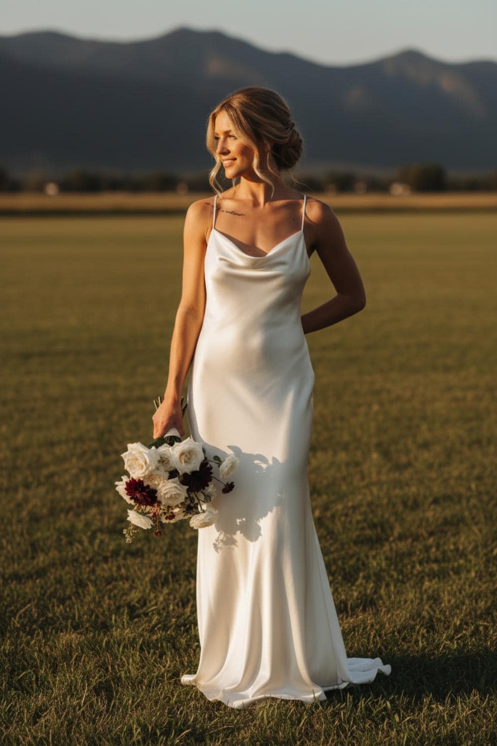 White 100% mulberry silk satin maxi dress Cowl neck simple silk wedding dress Low back minimal sateen fluid liquid bias gown / Fully lined