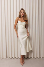 Elegant Silk Midi Dress, Satin Cocktail Party Dress, Sleeveless Evening Dress for Women, Long Satin Prom Dress, Luxury Silver Dress