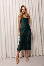 Elegant Silk Midi Dress, Satin Cocktail Party Dress, Sleeveless Evening Dress for Women, Long Satin Prom Dress, Luxury Silver Dress