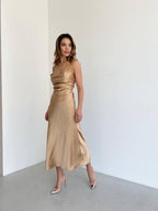 Elegant Silk Midi Dress, Satin Cocktail Party Dress, Sleeveless Evening Dress for Women, Long Satin Prom Dress, Luxury Silver Dress
