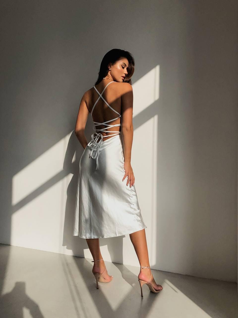 Elegant Silk Midi Dress, Satin Cocktail Party Dress, Sleeveless Evening Dress for Women, Long Satin Prom Dress, Luxury Silver Dress