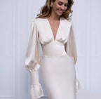 Ivory Satin Floor Length Dress : Elegant Long Sleeve Gown for Civil Wedding, Rehearsal Dinner ,Minimal Bridal Look or Engagement Party