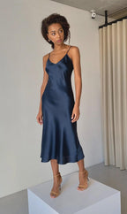 Mulberry silk slip midi dress with V neck in Colors - Final Sale