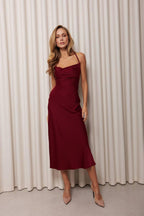 Elegant Silk Midi Dress, Satin Cocktail Party Dress, Sleeveless Evening Dress for Women, Long Satin Prom Dress, Luxury Silver Dress