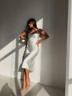 Elegant Silk Midi Dress, Satin Cocktail Party Dress, Sleeveless Evening Dress for Women, Long Satin Prom Dress, Luxury Silver Dress