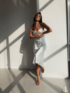 Elegant Silk Midi Dress, Satin Cocktail Party Dress, Sleeveless Evening Dress for Women, Long Satin Prom Dress, Luxury Silver Dress