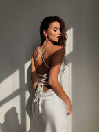 Elegant Silk Midi Dress, Satin Cocktail Party Dress, Sleeveless Evening Dress for Women, Long Satin Prom Dress, Luxury Silver Dress