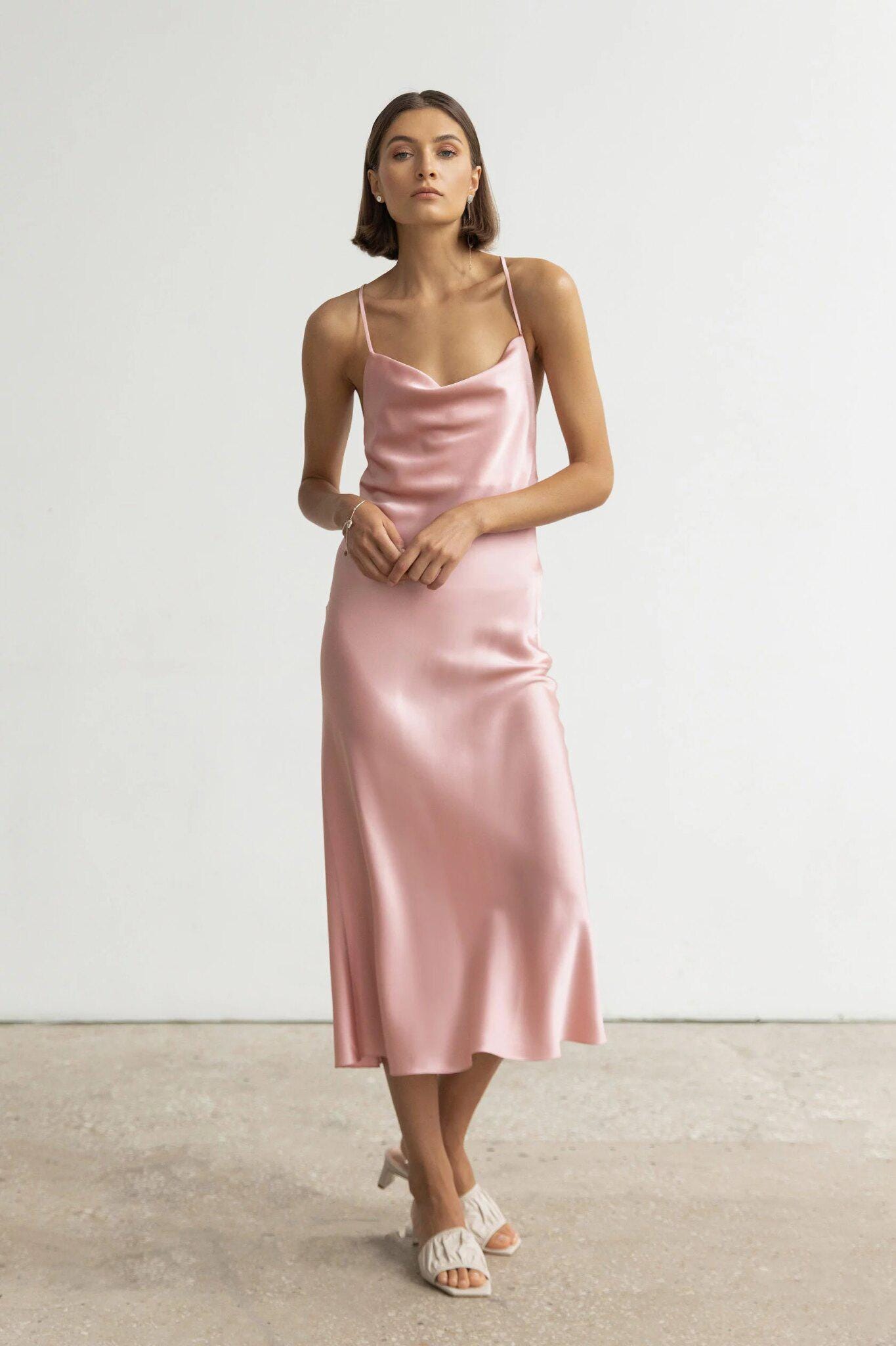 Mulberry silk slip midi dress with cowl neck in Colors - Final Sale
