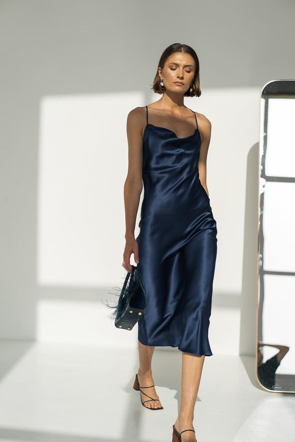 Mulberry silk slip midi dress with cowl neck in Colors - Final Sale