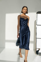 Mulberry silk slip midi dress with cowl neck in Colors - Final Sale