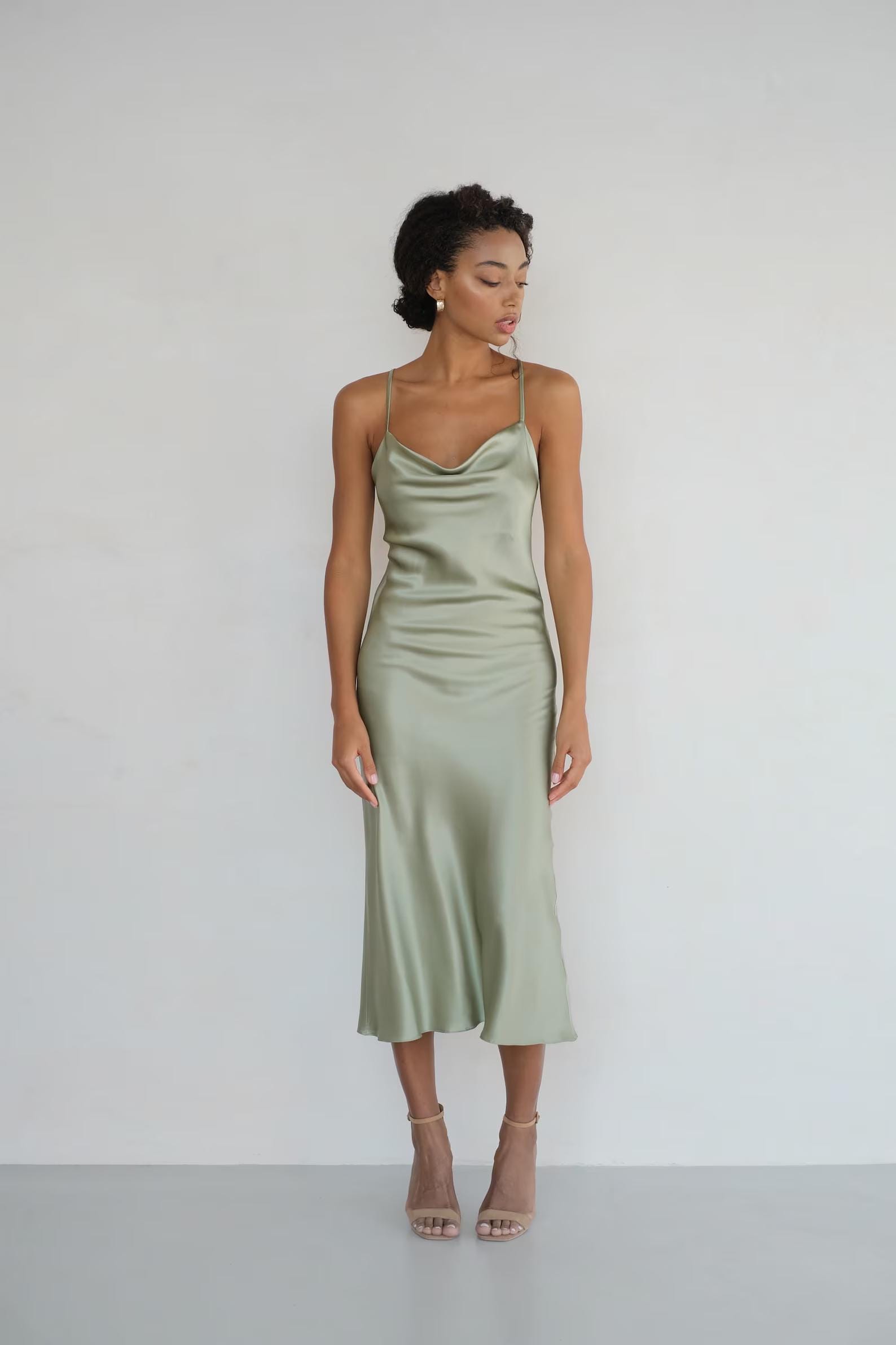 Mulberry silk slip midi dress with cowl neck in Colors - Final Sale