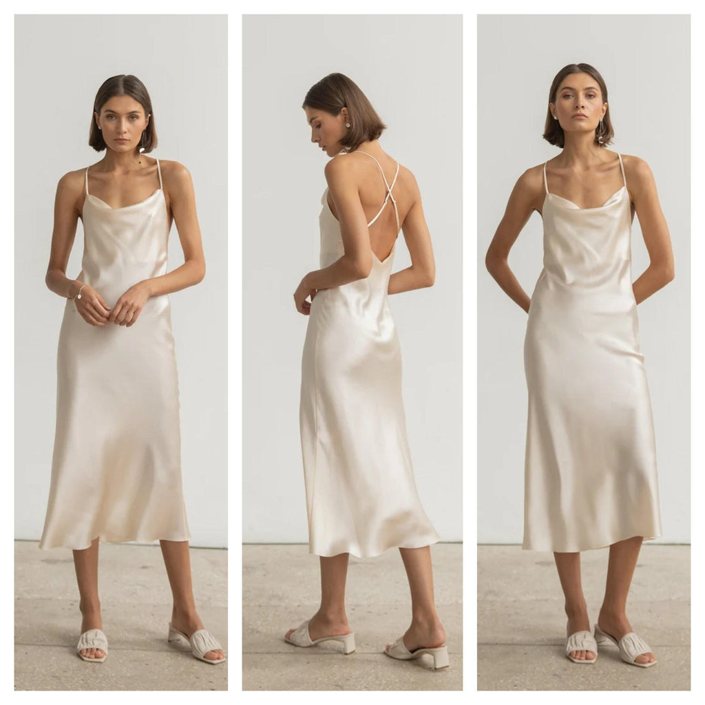 Mulberry silk slip midi dress with cowl neck in Colors - Final Sale