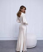 Ivory Satin Floor Length Dress : Elegant Long Sleeve Gown for Civil Wedding, Rehearsal Dinner ,Minimal Bridal Look or Engagement Party
