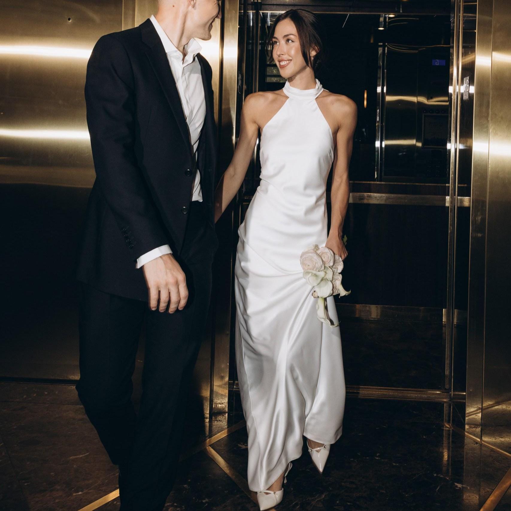 Civil Wedding Dress. Simple Wedding Dress. Ivory civil wedding gown. White Satin Dress. Maxi Satin Silk Dress. Open Back civil wedding dress