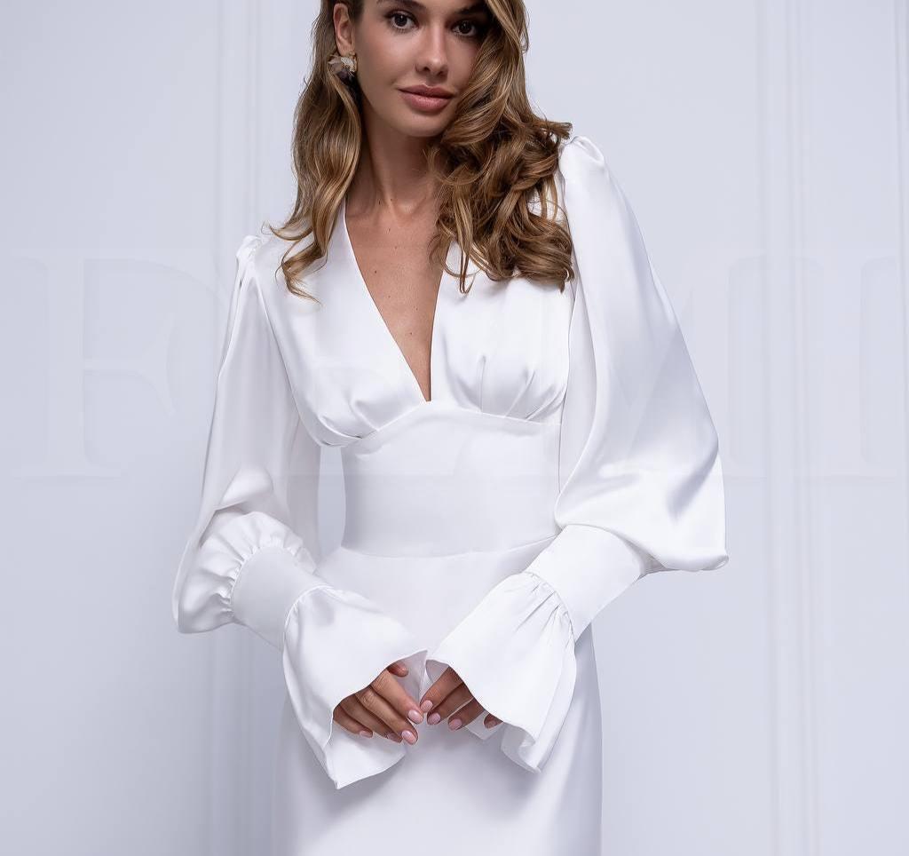 Ivory Satin Floor Length Dress : Elegant Long Sleeve Gown for Civil Wedding, Rehearsal Dinner ,Minimal Bridal Look or Engagement Party