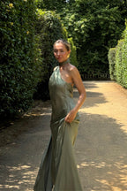 Satin Silk Maxi Dress: Brown Backless Wedding Guest Dress