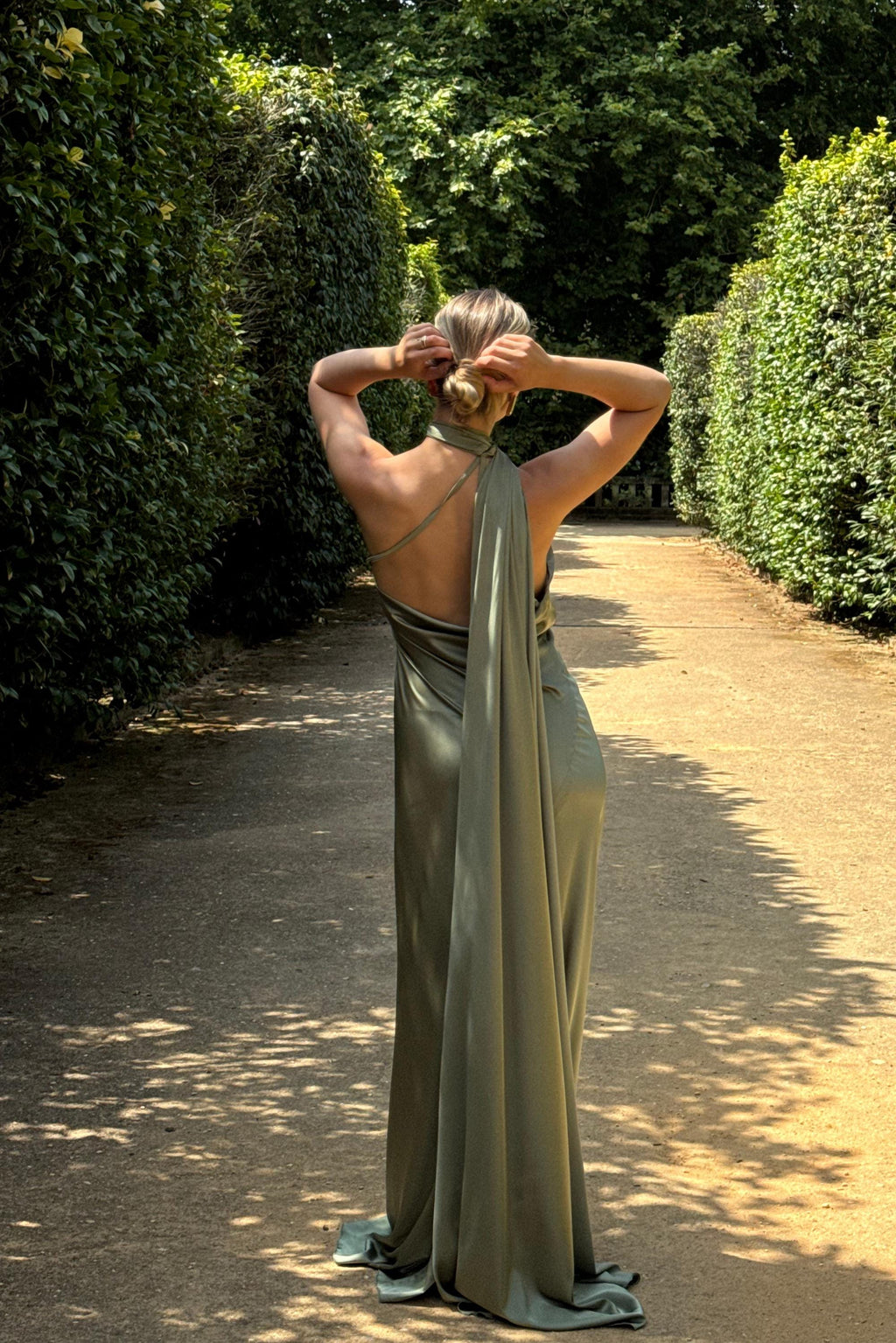 Satin Silk Maxi Dress: Brown Backless Wedding Guest Dress