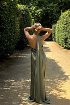 Satin Silk Maxi Dress: Brown Backless Wedding Guest Dress