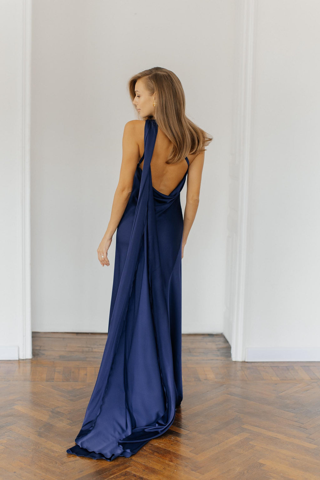 Satin Silk Maxi Dress: Brown Backless Wedding Guest Dress
