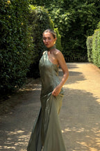 Satin Silk Maxi Dress: Brown Backless Wedding Guest Dress