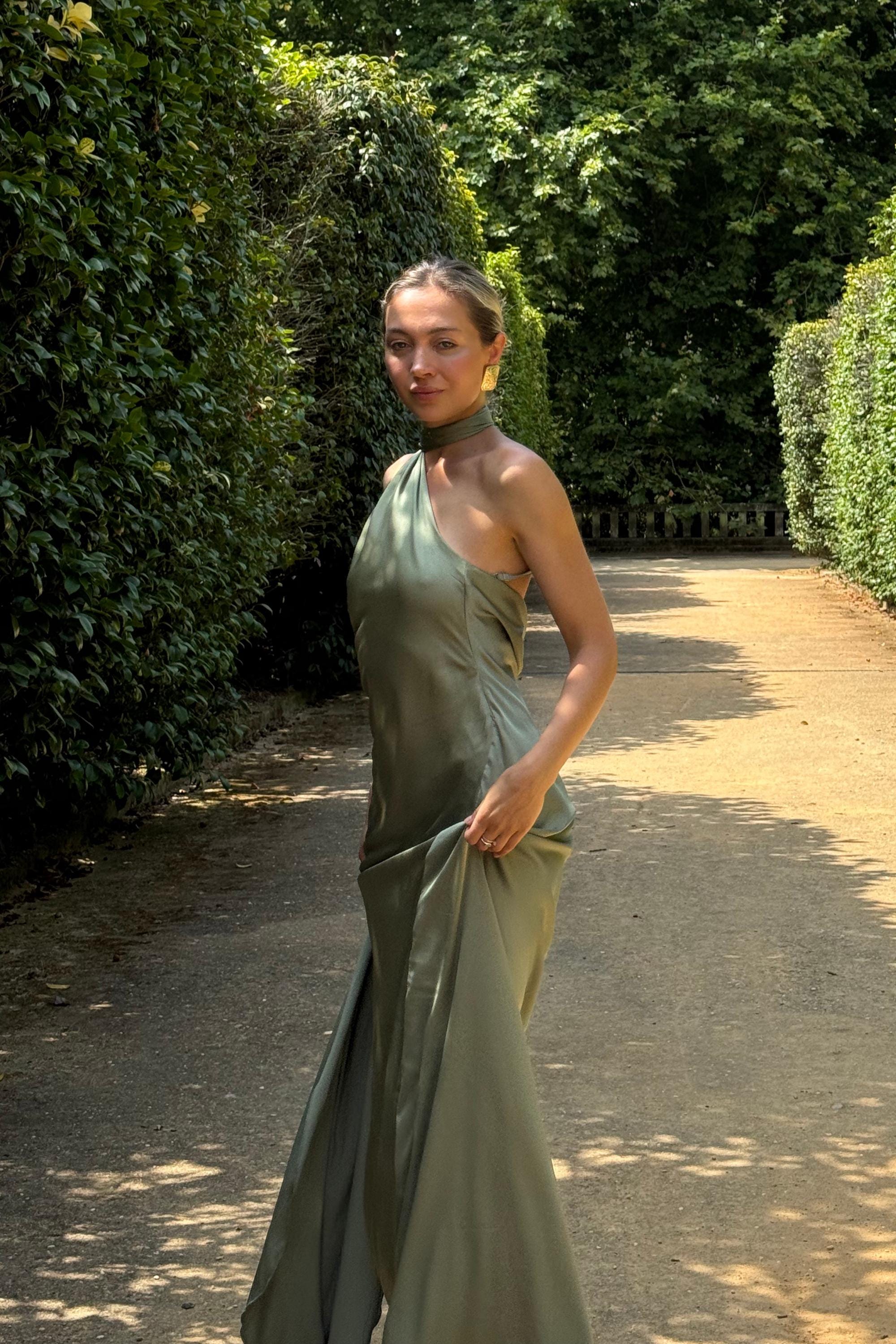 Satin Silk Maxi Dress: Brown Backless Wedding Guest Dress