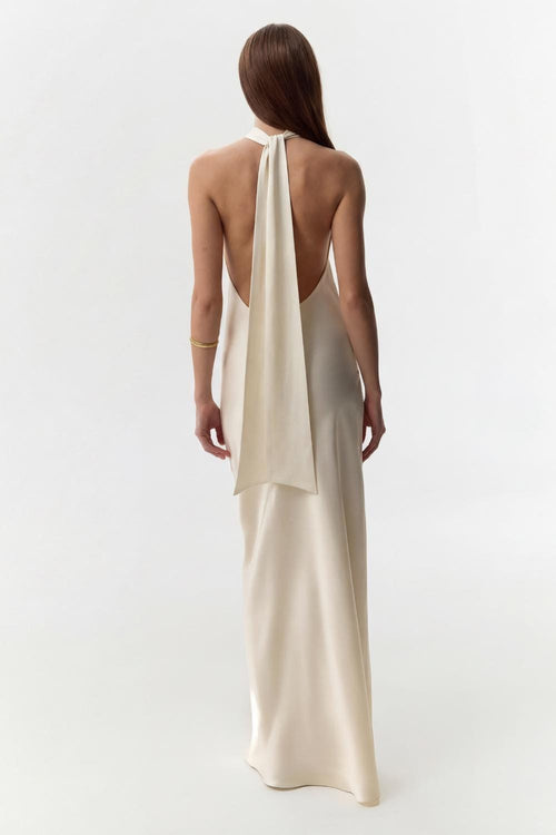 Helena Ivory High-Neck Silk Tie Gown