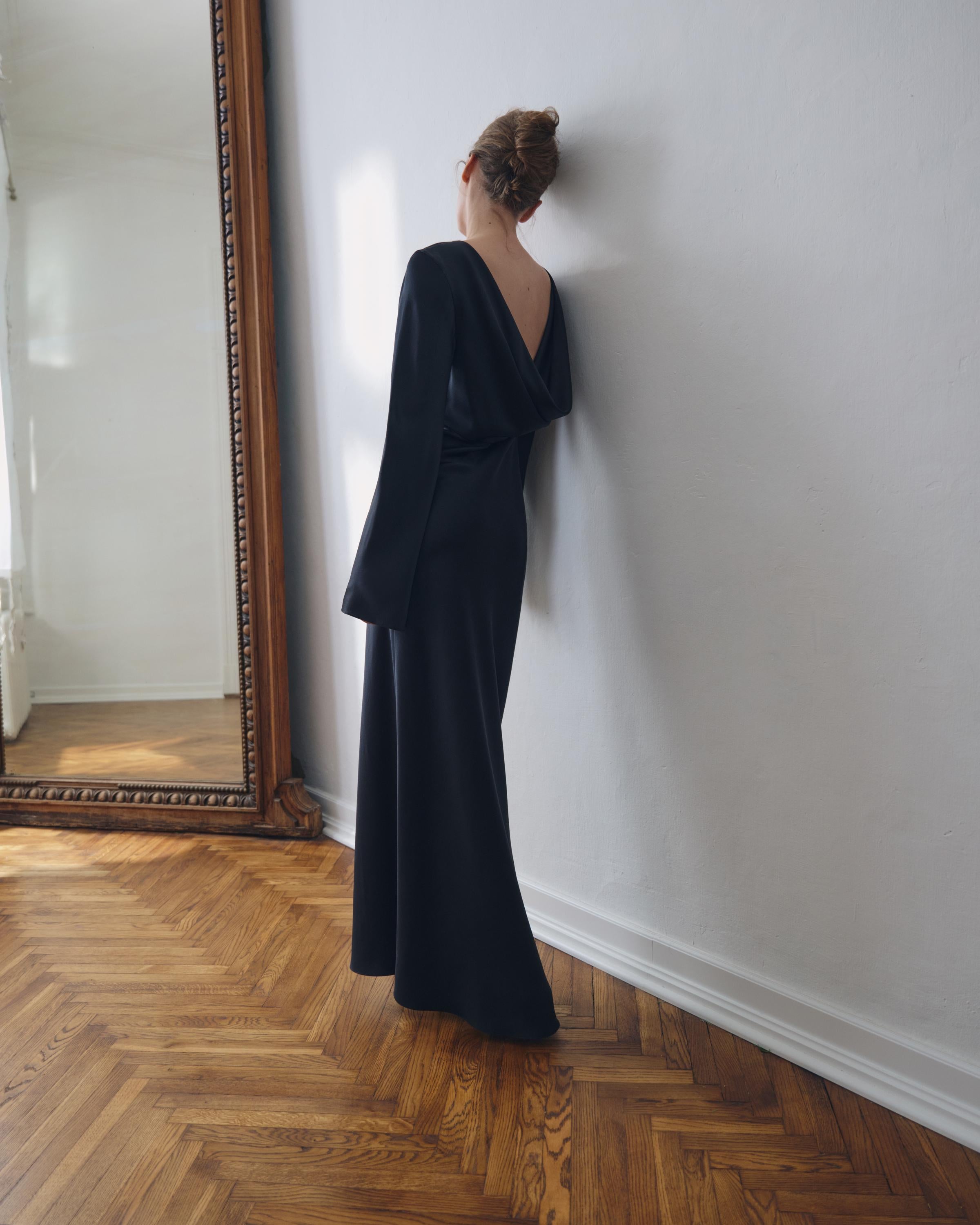 100% Silk backless maxi dress with long sleeves Bias cut slip gown Formal evening gala dress
