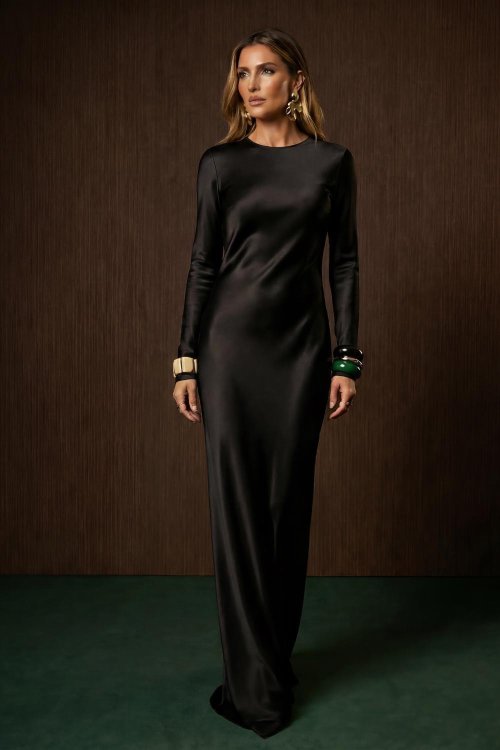 100% Silk backless maxi dress with long sleeves Bias cut slip gown Formal evening gala dress