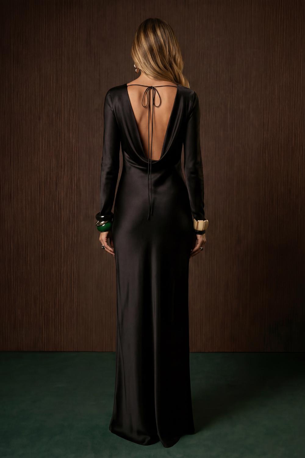 100% Silk backless maxi dress with long sleeves Bias cut slip gown Formal evening gala dress
