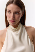 Helena Ivory High-Neck Silk Tie Gown