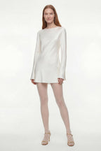 100% Silk mini dress | Short Wedding Dress | Elegant Minimalist Backless Slip Bridal dress w long sleeves - White mulberry silk satin