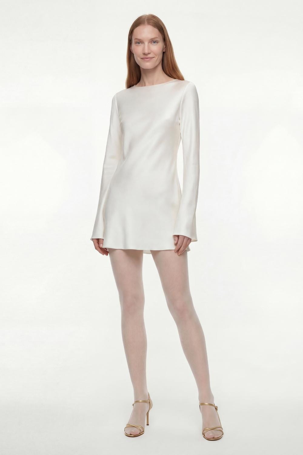 100% Silk mini dress | Short Wedding Dress | Elegant Minimalist Backless Slip Bridal dress w long sleeves - White mulberry silk satin
