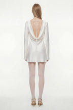 100% Silk mini dress | Short Wedding Dress | Elegant Minimalist Backless Slip Bridal dress w long sleeves - White mulberry silk satin