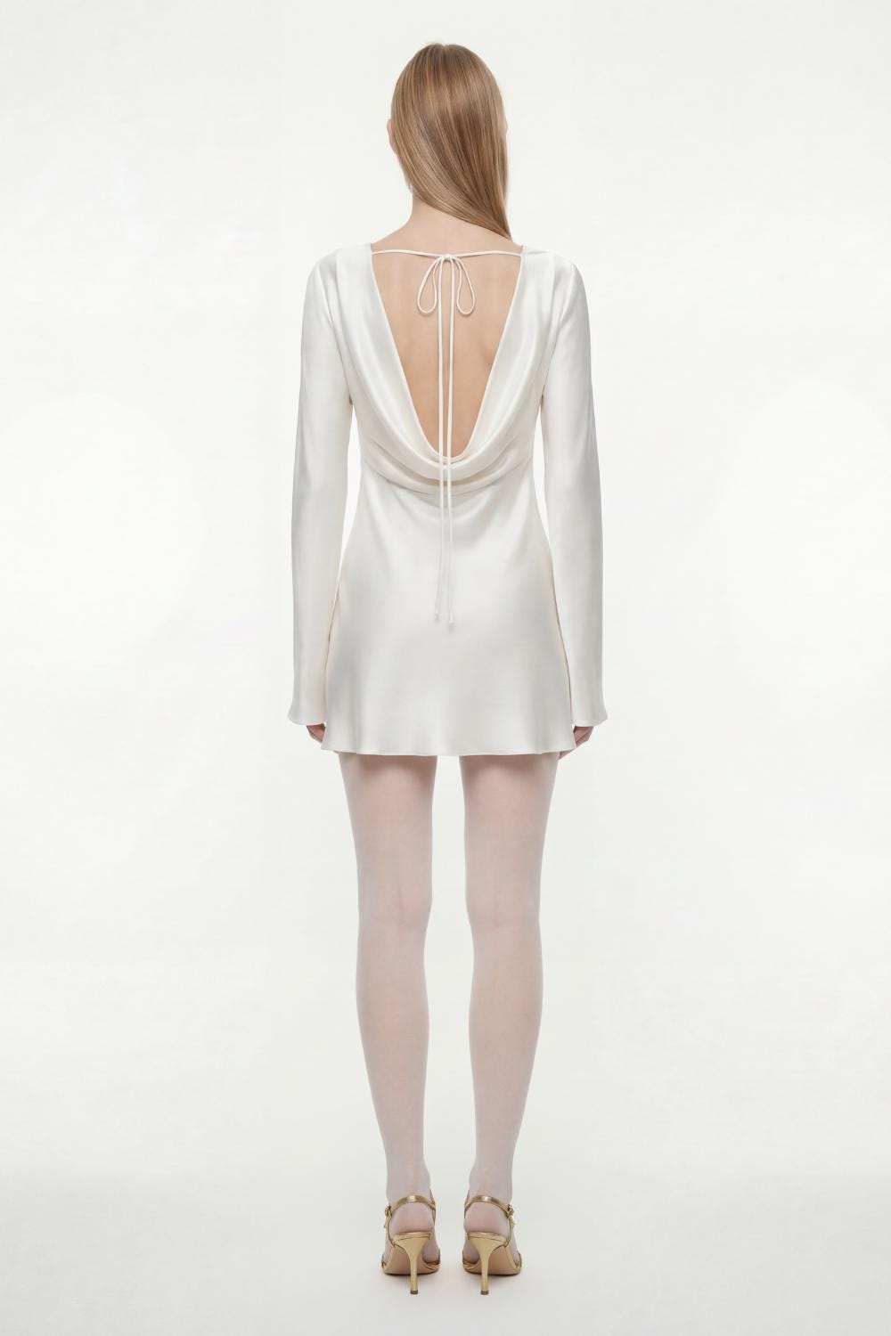100% Silk mini dress | Short Wedding Dress | Elegant Minimalist Backless Slip Bridal dress w long sleeves - White mulberry silk satin