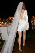 100% Silk mini dress | Short Wedding Dress | Elegant Minimalist Backless Slip Bridal dress w long sleeves - White mulberry silk satin