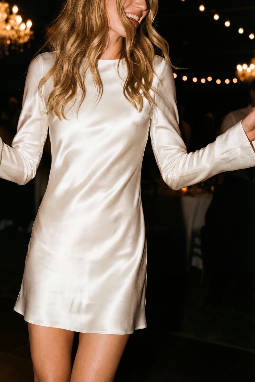 100% Silk mini dress | Short Wedding Dress | Elegant Minimalist Backless Slip Bridal dress w long sleeves - White mulberry silk satin