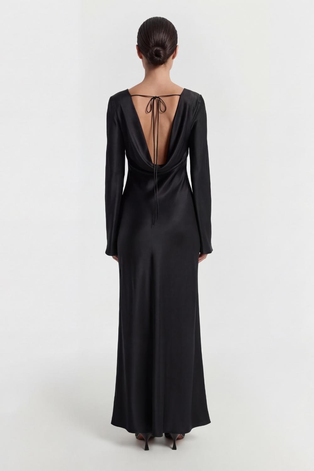 100% Silk backless maxi dress with long sleeves Bias cut slip gown Formal evening gala dress