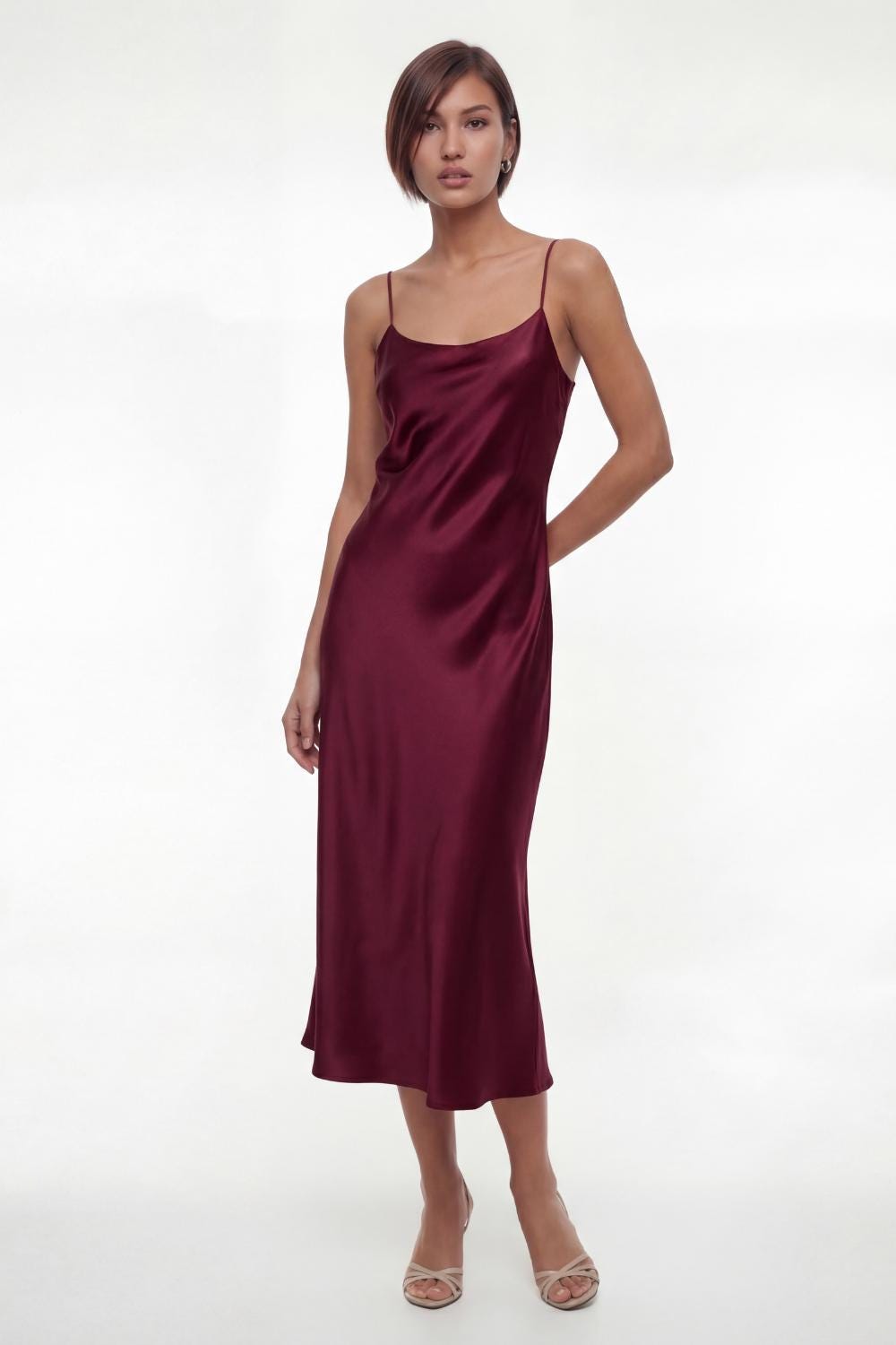 100% Silk Satin Midi Slip Dress – Classic Bias Cut Spaghetti Strap Cami Dress, 22 Momme Casual Cocktail Wedding guest - Different Colors