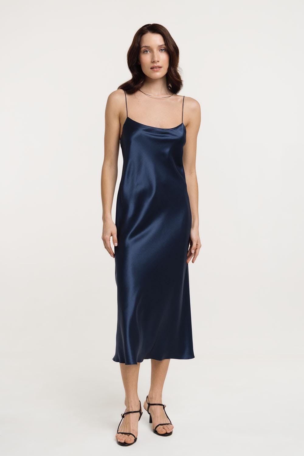 100% Silk Satin Midi Slip Dress – Classic Bias Cut Spaghetti Strap Cami Dress, 22 Momme Casual Cocktail Wedding guest - Different Colors