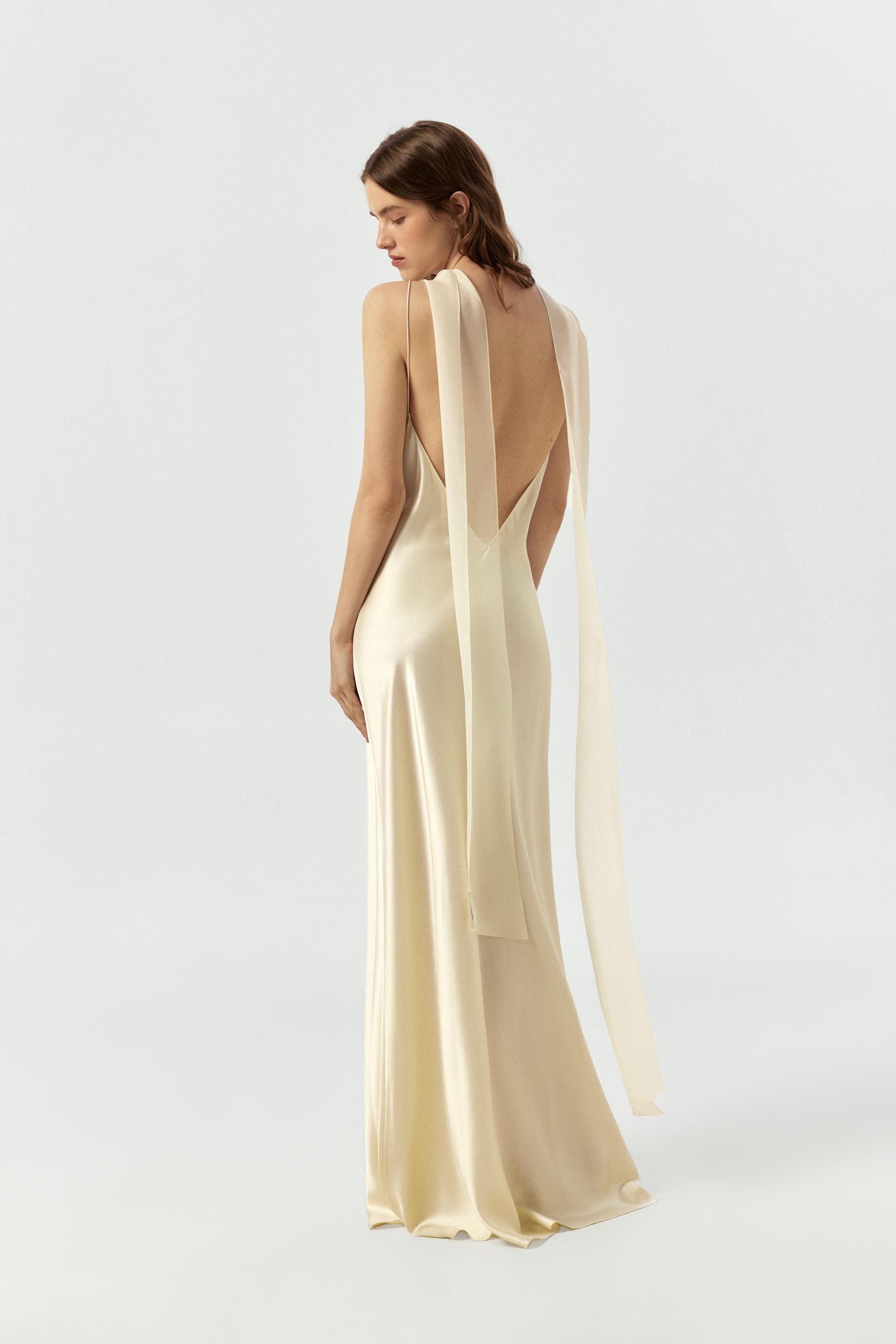 100% Silk Wedding Dress | Simple Slip Bridal Gown with V neck and open back - premium heavy mulberry silk satin / White or Creamy