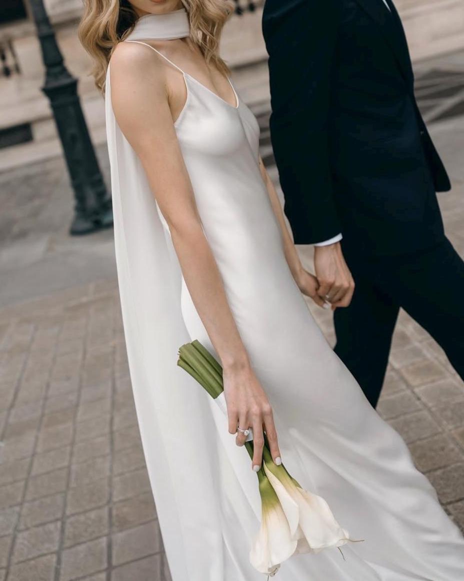 100% Silk Wedding Dress | Simple Slip Bridal Gown with V neck and open back - premium heavy mulberry silk satin / White or Creamy