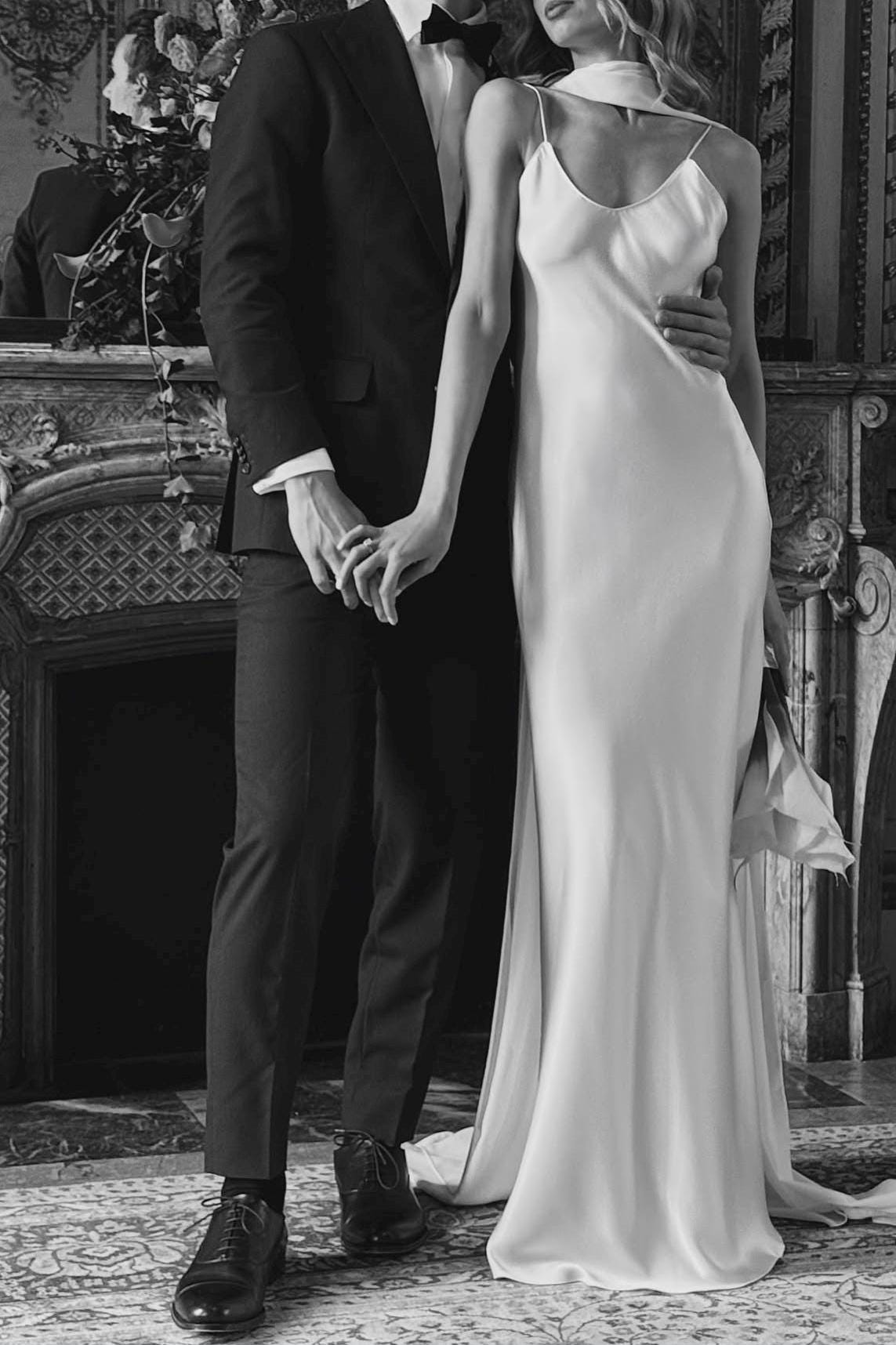 100% Silk Wedding Dress | Simple Slip Bridal Gown with V neck and open back - premium heavy mulberry silk satin / White or Creamy