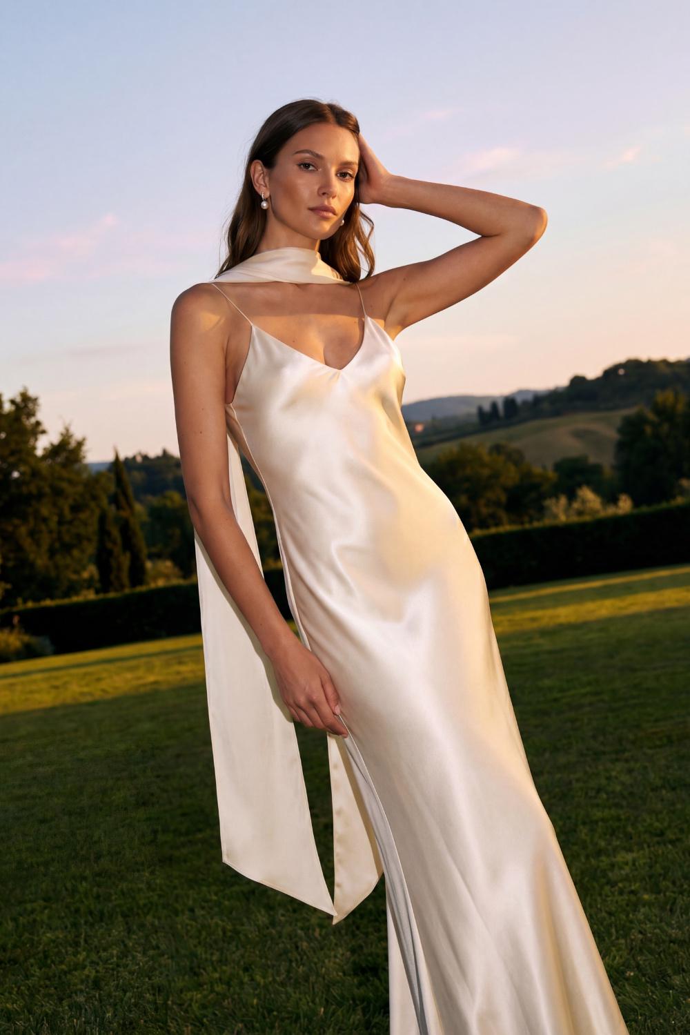 100% Silk Wedding Dress | Simple Slip Bridal Gown with V neck and open back - premium heavy mulberry silk satin / White or Creamy
